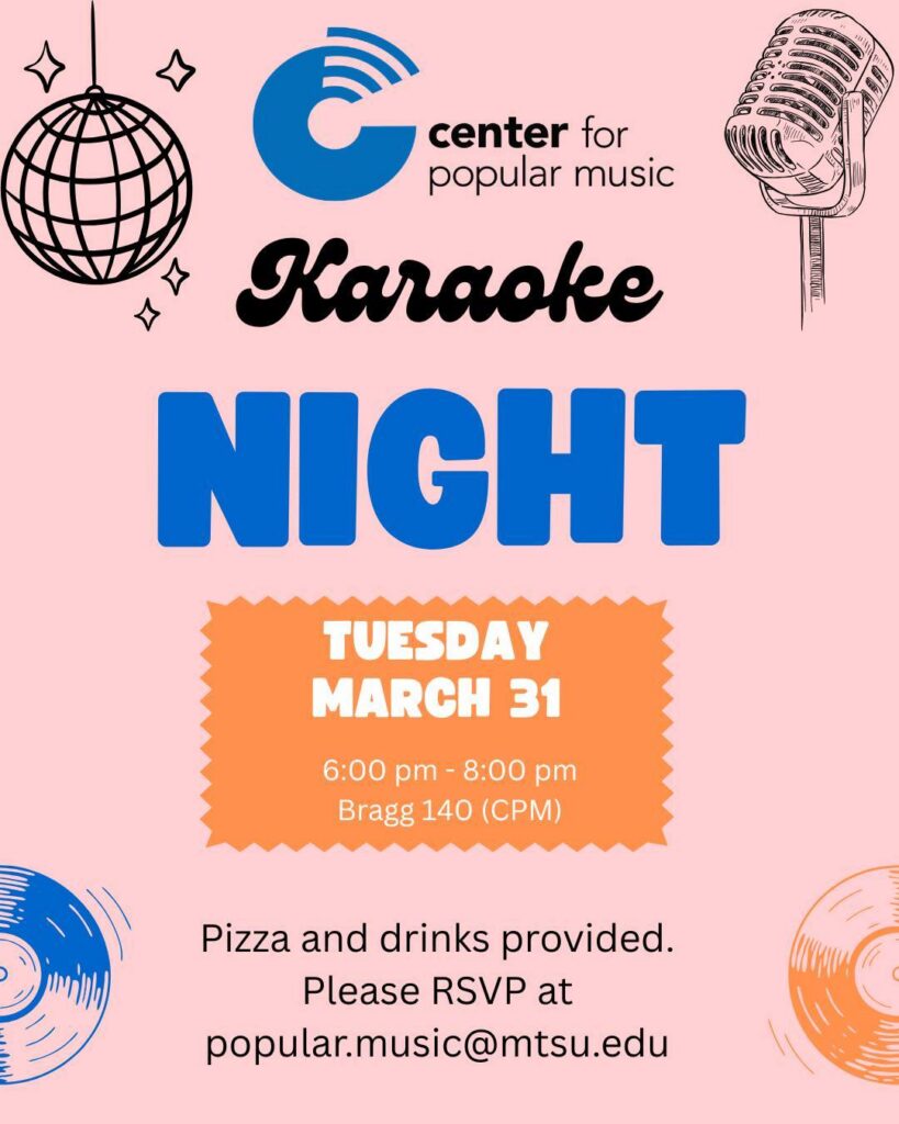 A pink flyer with 2 CDs, disco ball, and a microphone on it.