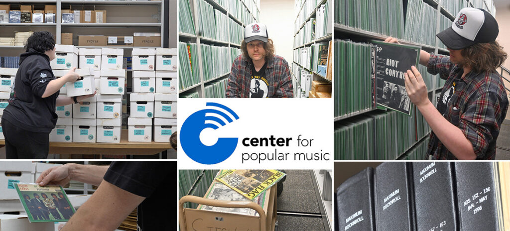 Staff members moving the maximum rocknroll collection. Center for Popular Music logo in center.